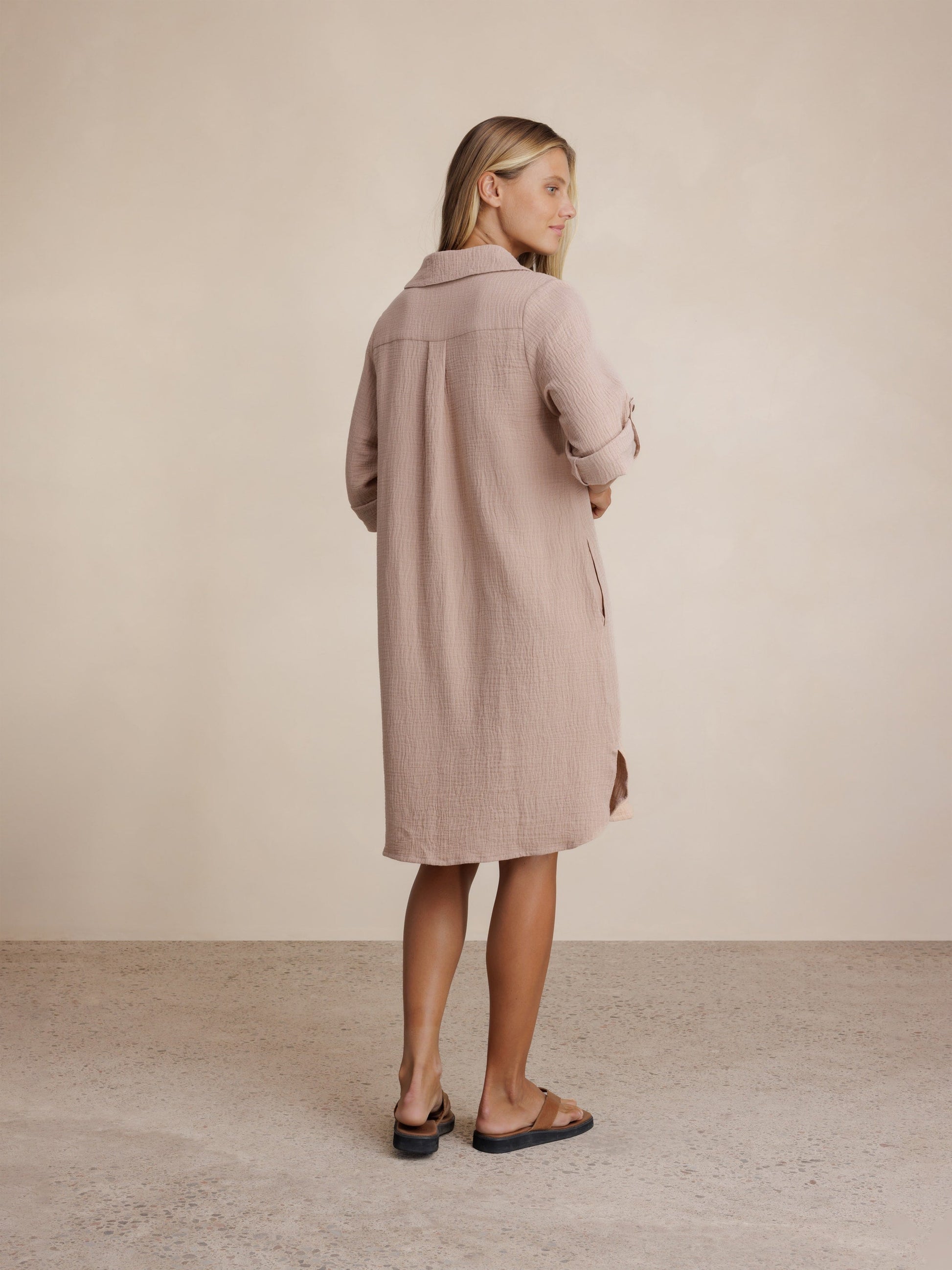 Model wears Harley Cotton Shirt Dress in Tea Rose