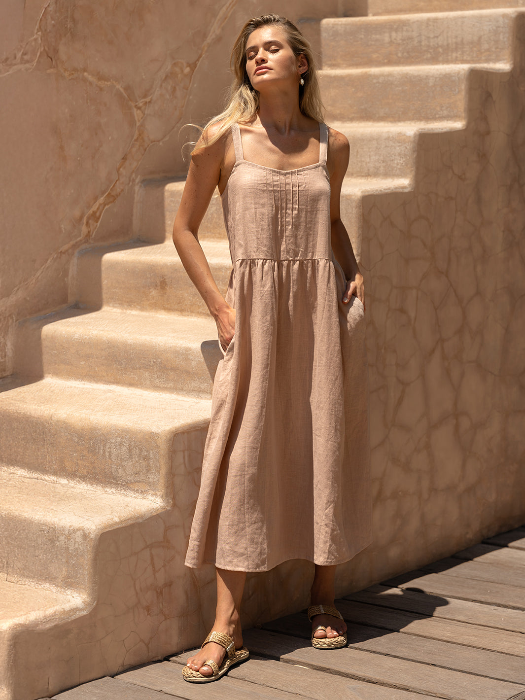 Model wears Maeve Linen Midi Dress in Tea Rose