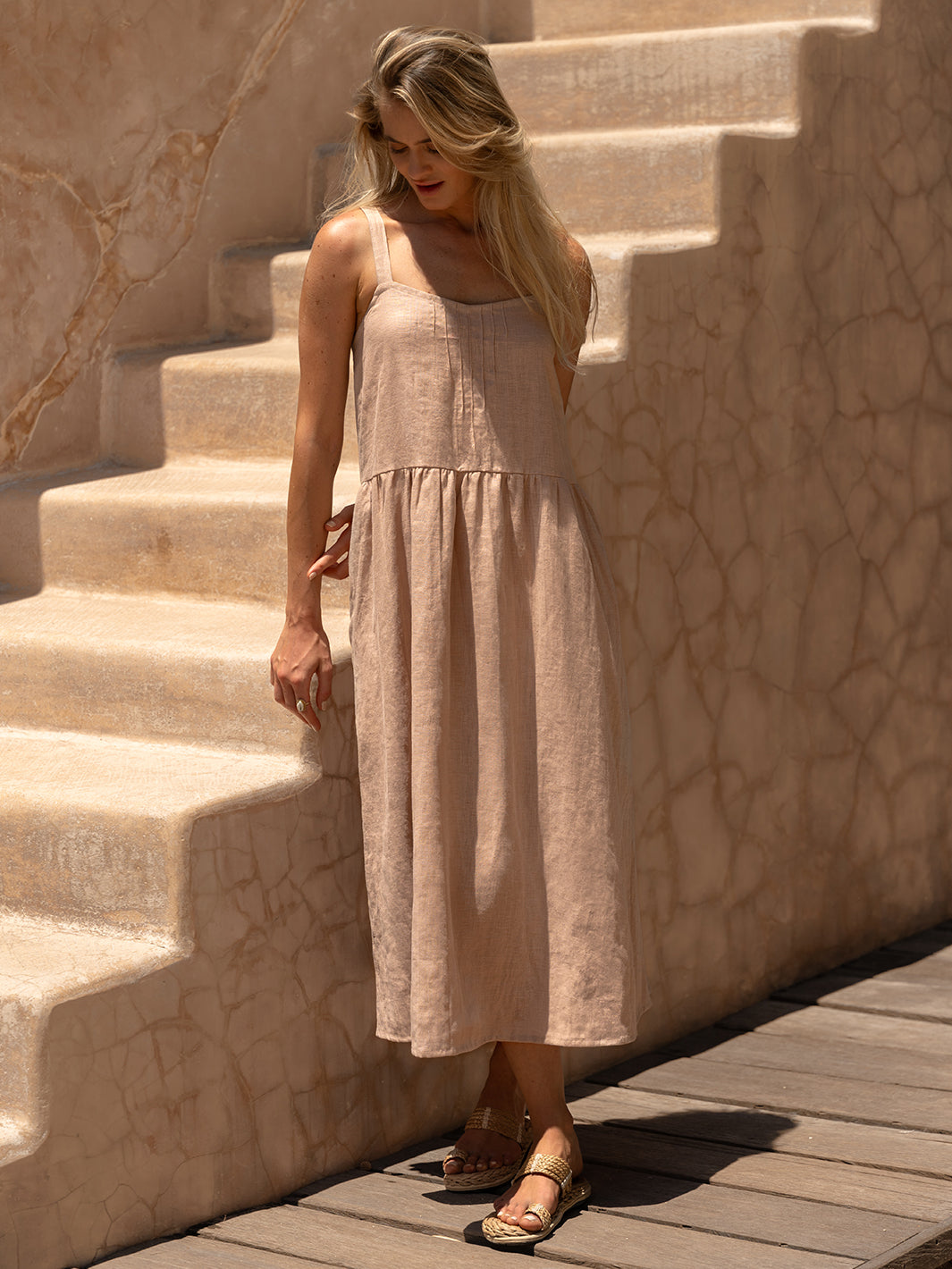 Model wears Maeve Linen Midi Dress in Tea Rose