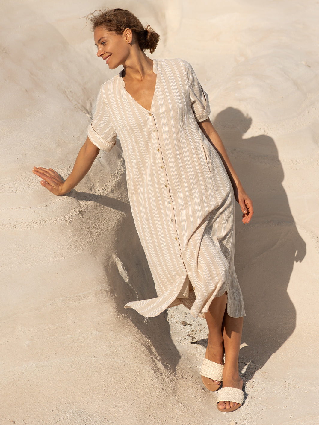 Athena Cotton Dress Sand Stripe Nomad the Label Outlet Athena Cotton Dress Sand Stripe Nomad the Label Outlet