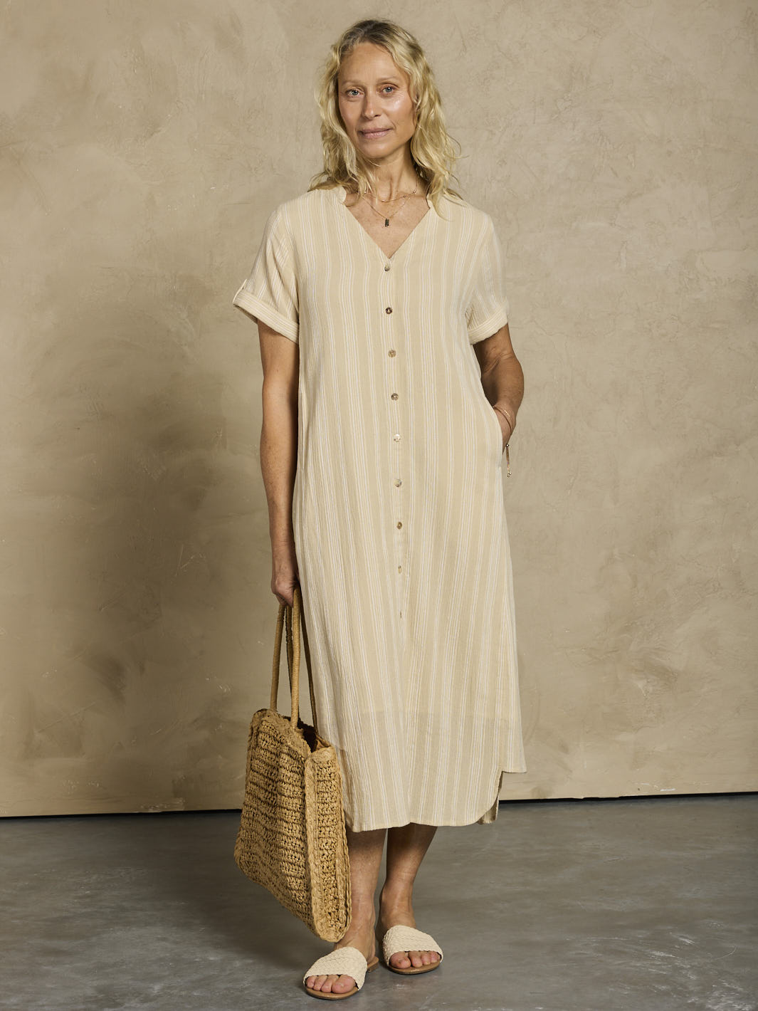 Athena Cotton Dress Sand Stripe Nomad the Label Outlet Athena Cotton Dress Sand Stripe Nomad the Label Outlet