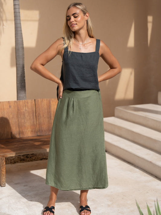 Camila Linen Midi Skirt Olive