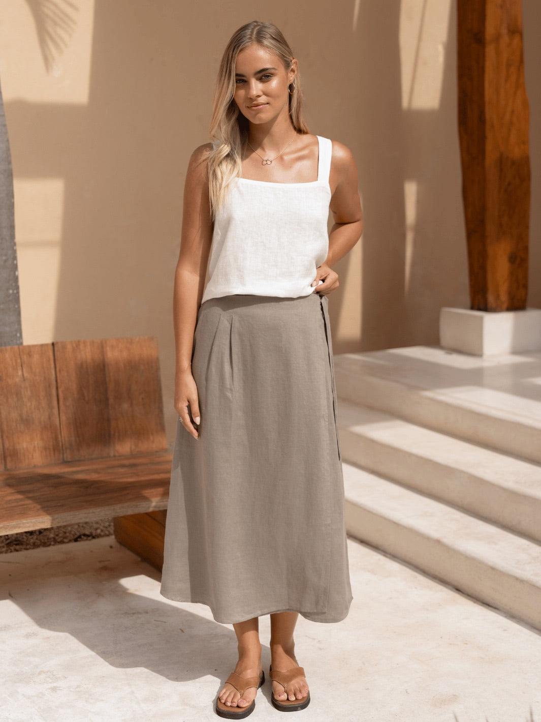 Camila Linen Midi Skirt Taupe