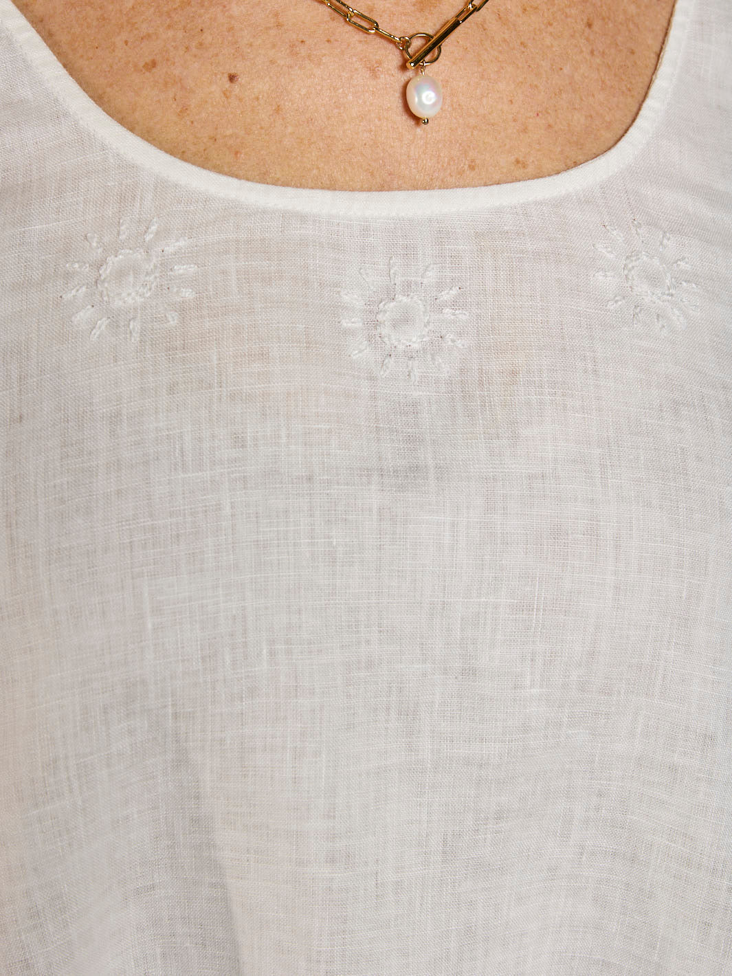 Close-up of a pearl necklace on a white garment