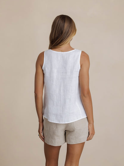 Model wears Mandalay Linen Top in White