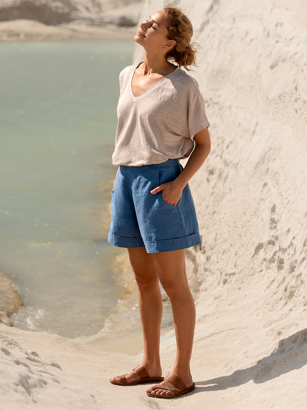 Paros French Linen Shorts Aegean Blue