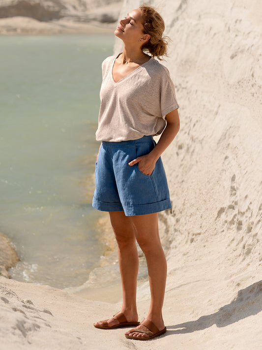 Paros French Linen Shorts Aegean Blue