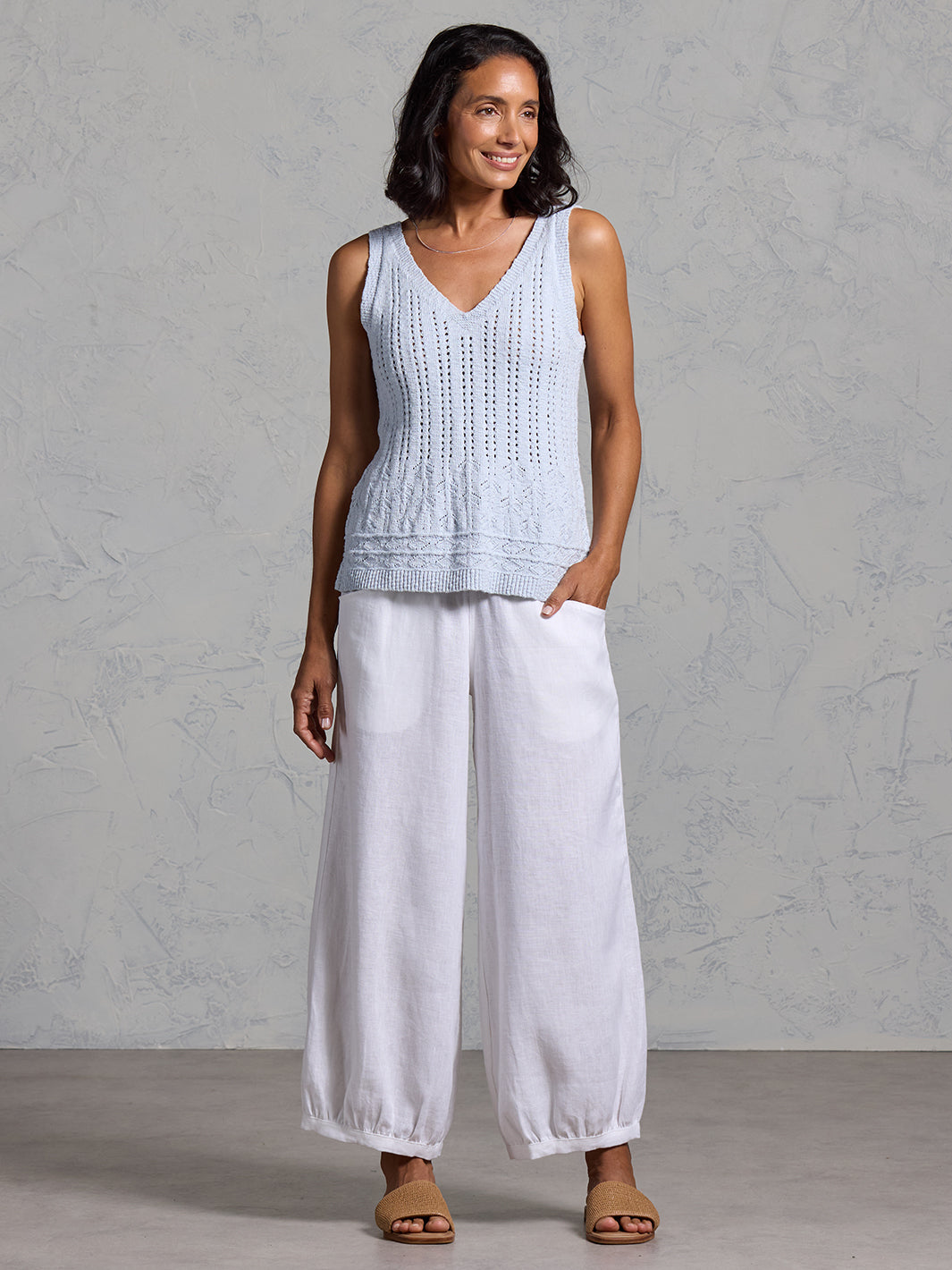 Sandlily Cotton Linen Knit Top Serene Blue