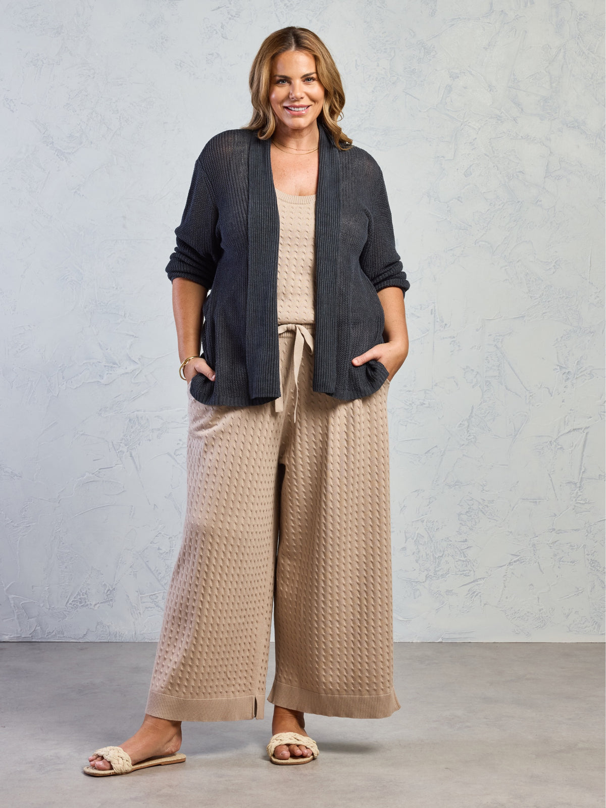 Tathra Organic French Linen Knit Cardigan Charcoal