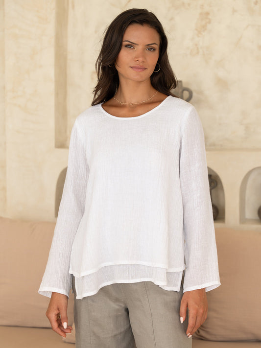 Model wears Viola Linen Top in White