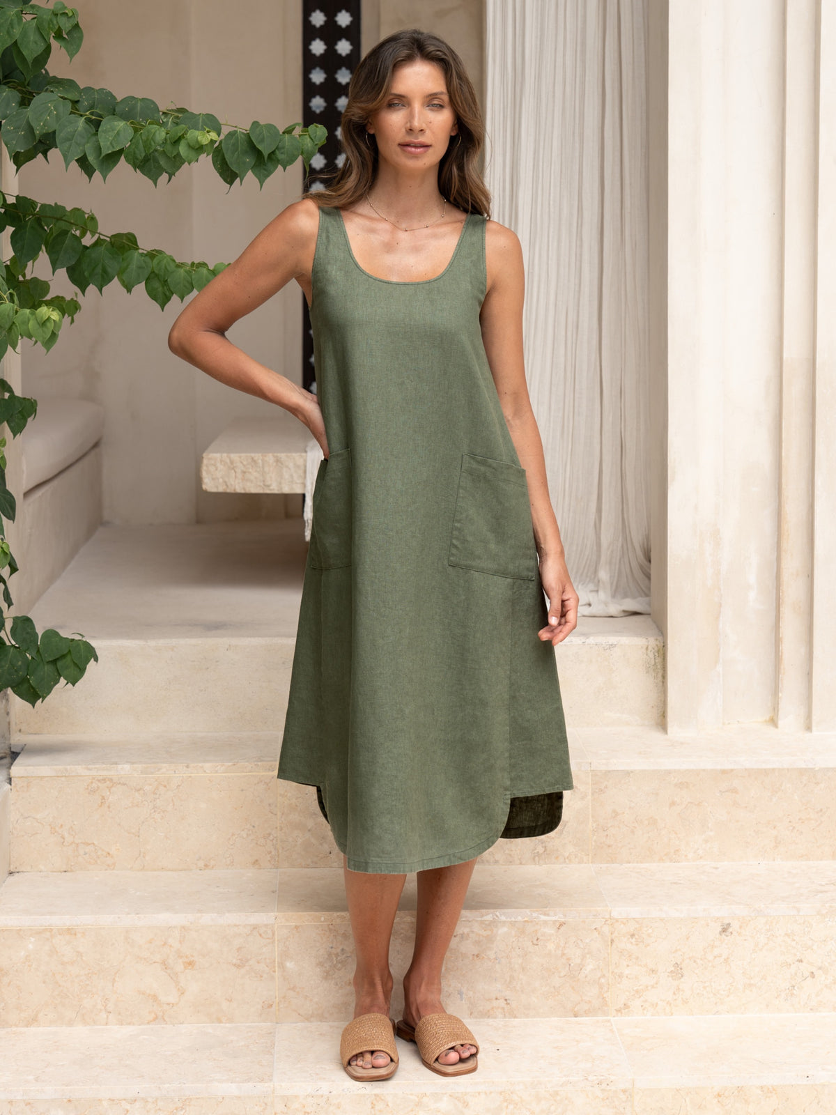 Laurel French Linen Dress Olive