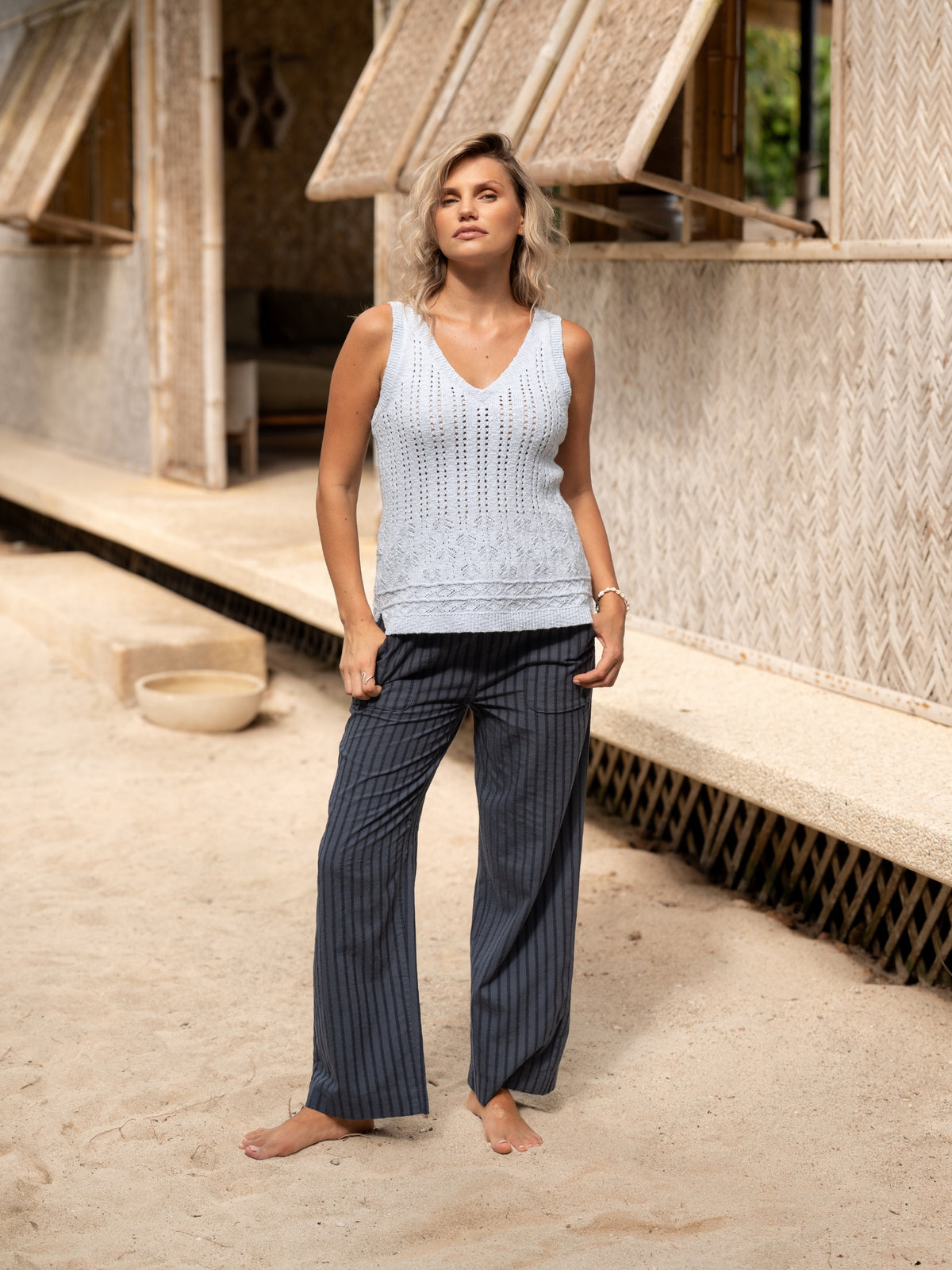 Sandlily Cotton Linen Knit Top Serene Blue